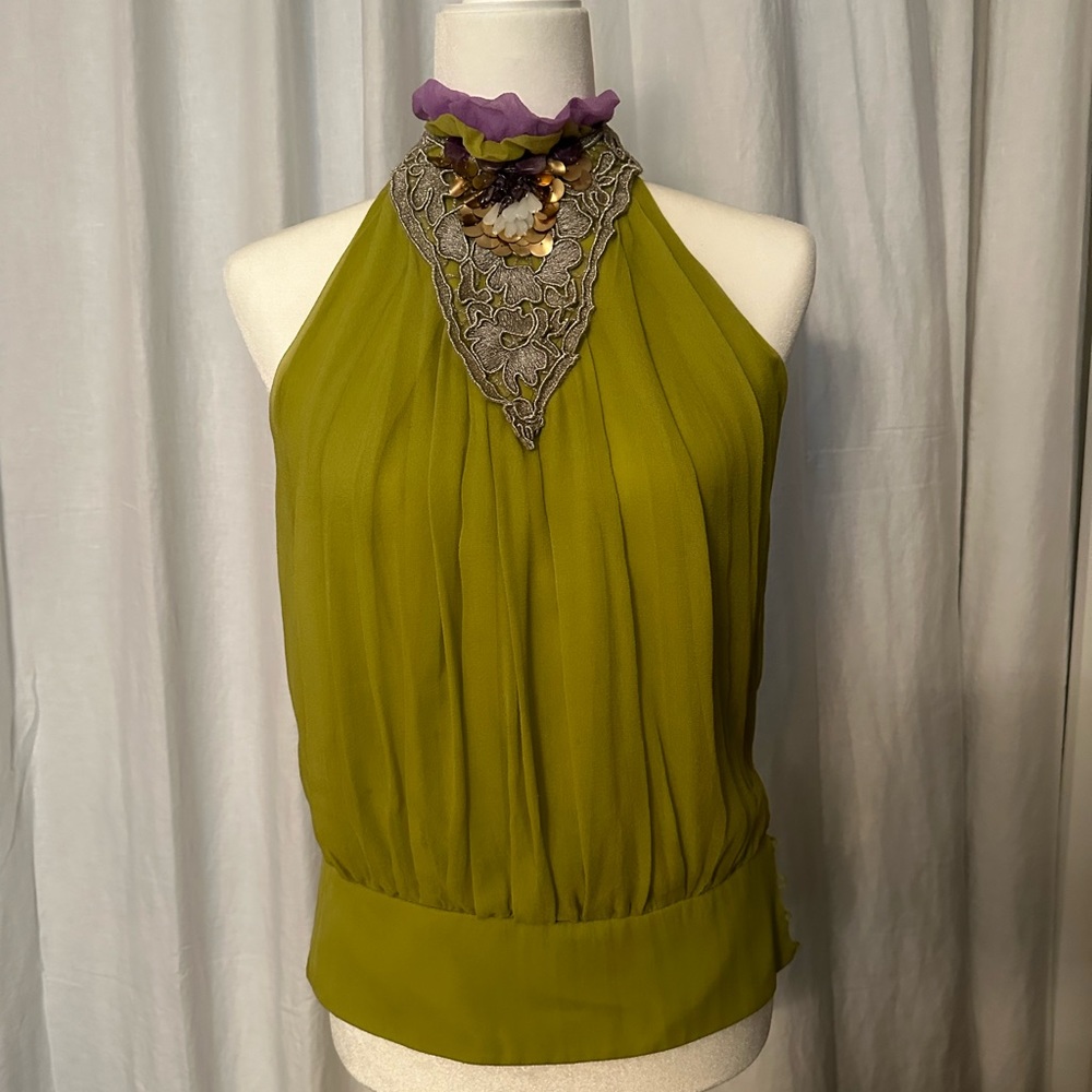 Women’s Vintage chartreuse green crepe sleeveless blouse